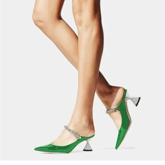 FSJ Emerald Rhinestone Cone Low Heel Mule Pointed Toe One Strap Slip On Sandals - Picture 1 of 8
